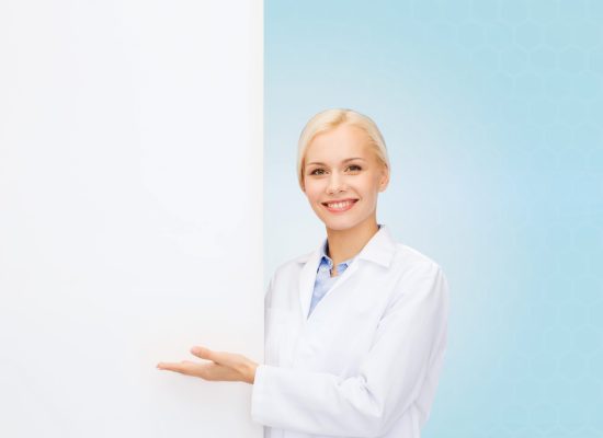 healthcare, advertisement, people and medicine concept - smiling female doctor with white blank board over blue background